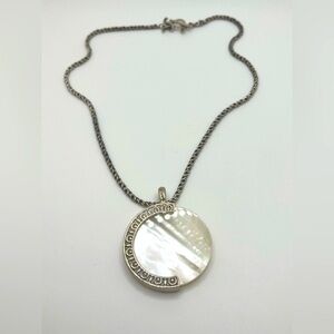 Vintage VTG Mother of Pearl MOP & Sterling Silver Necklace Disk Pendant